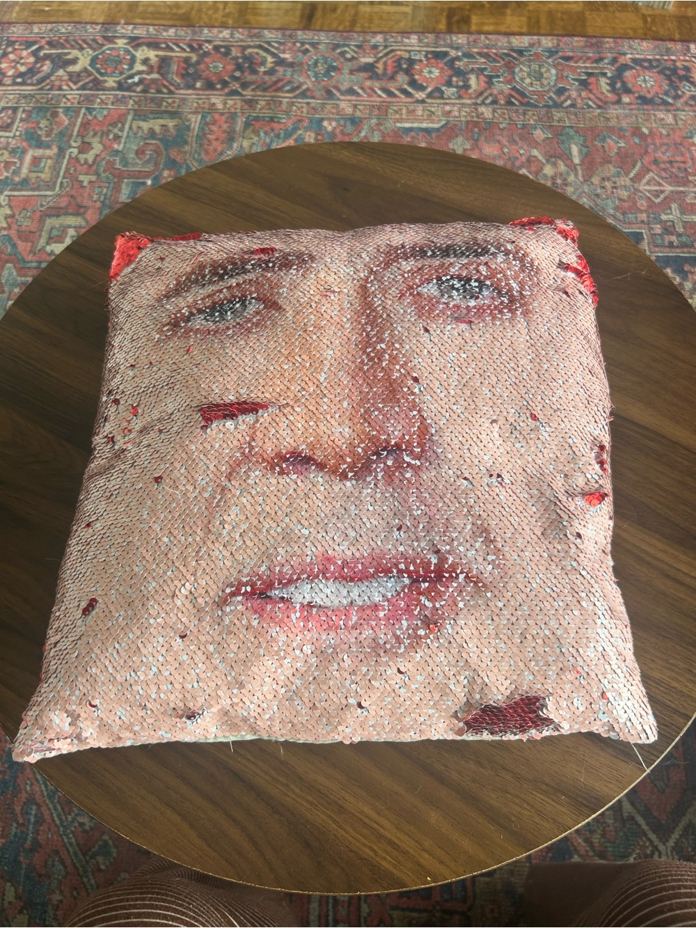 Sequin Nick Cage Decorative Throw Pillow - Pink & Red